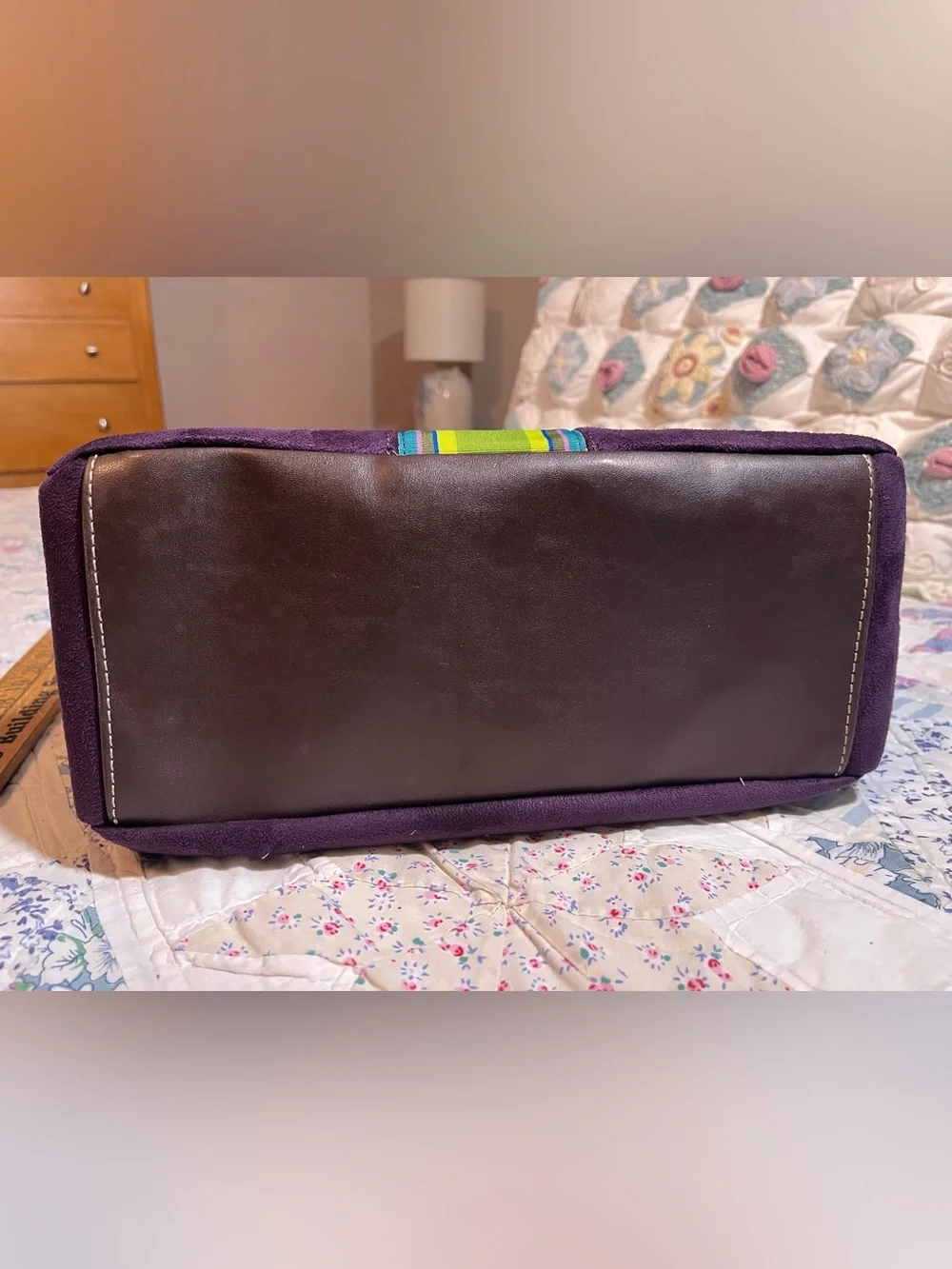 Y2K 2010s Tommy Hilfiger Purple Sueded Satchel Green Stripe and Brown Handles